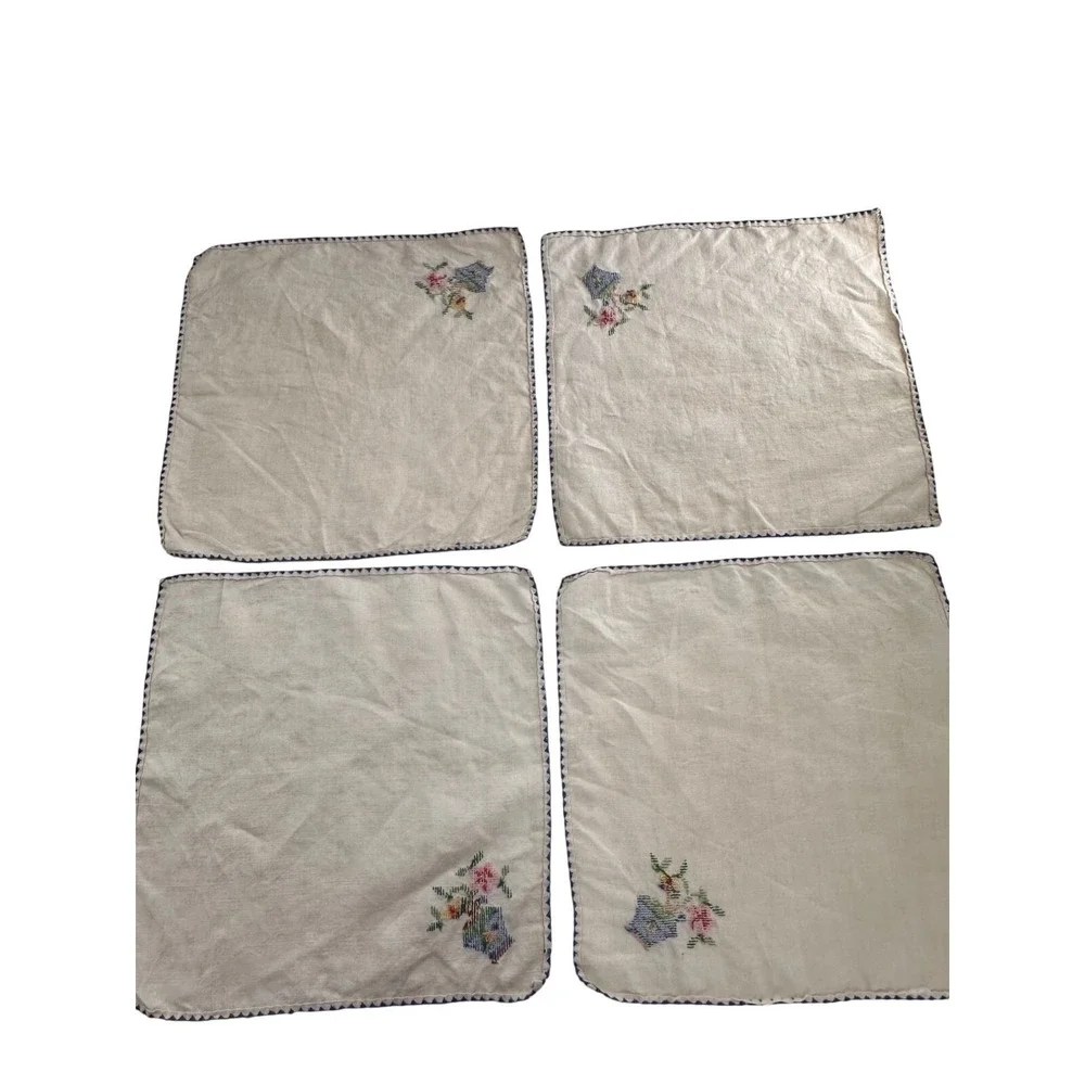 Vtg Embroidered Linen Napkins Set Of‎ 4 10x10 needlepoint country granny boho
